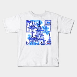 Blue and white pagodas and trees Kids T-Shirt